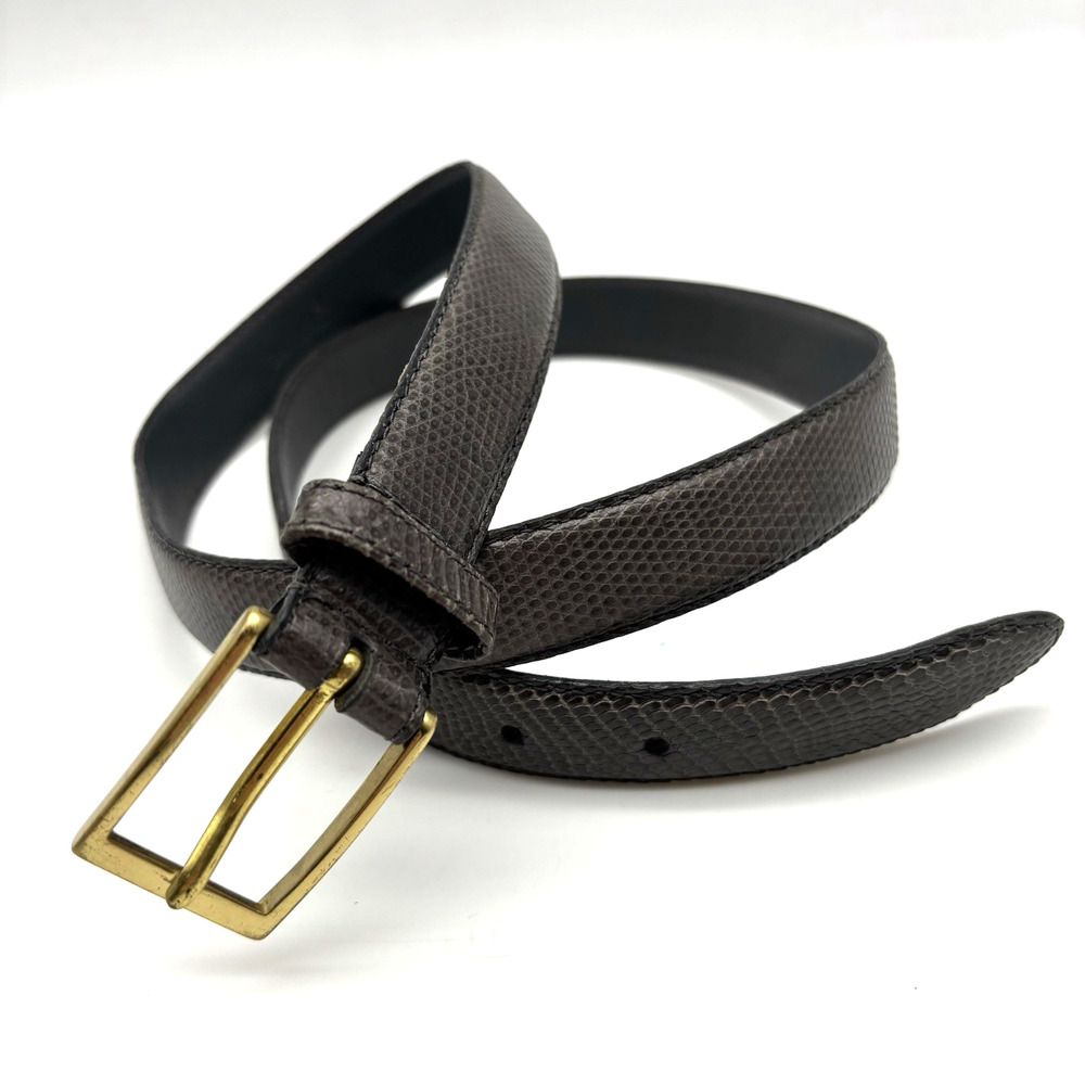 Vintage 80s Alfani Gray Genuine Lizard Leather Brass Buckle Dress Belt 36 34-38"